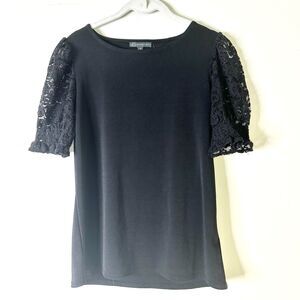 ADRIANNA PAPELL Top Women XS Black Knit Lace Short Puffy Sleeve Tee Blouse NWT